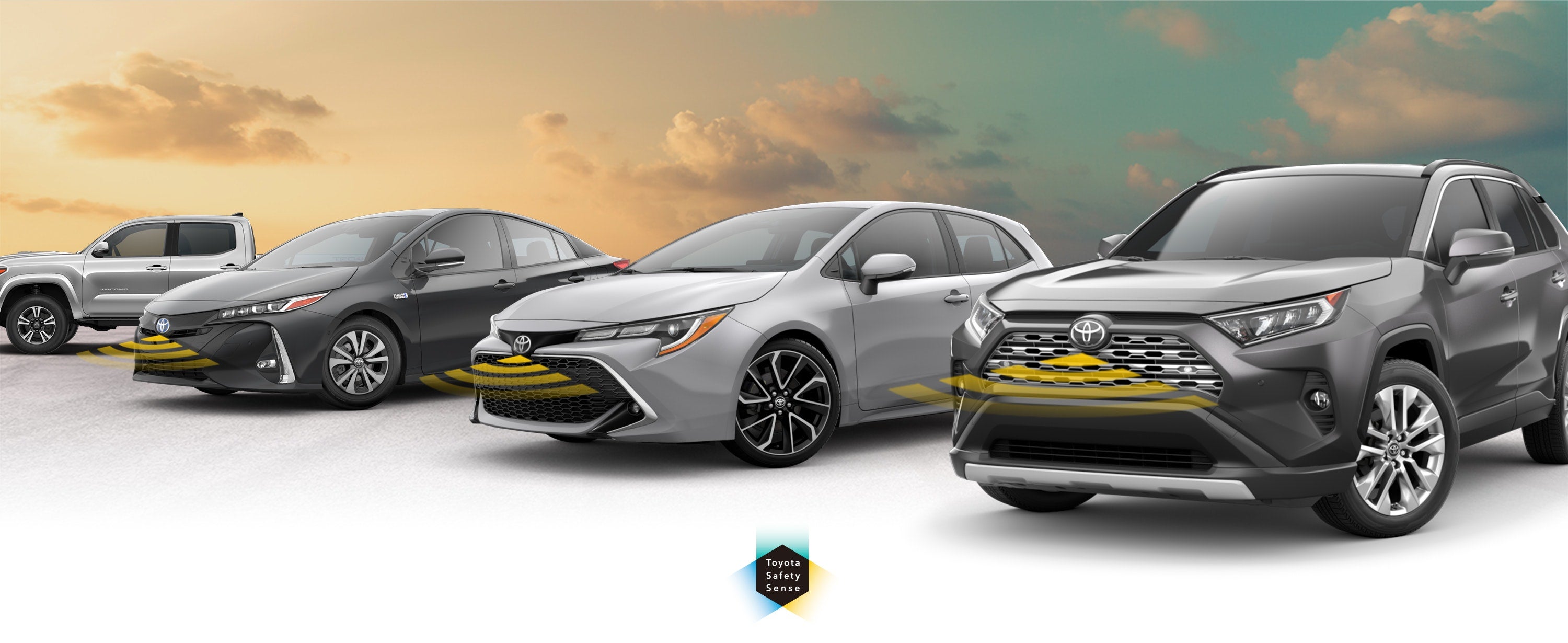 Toyota Safety Sense: Designed for Safety. Options shown on Toyota models including RAV4, Tacoma, and Camry, available now at Keyes Toyota in Van Nuys CA.