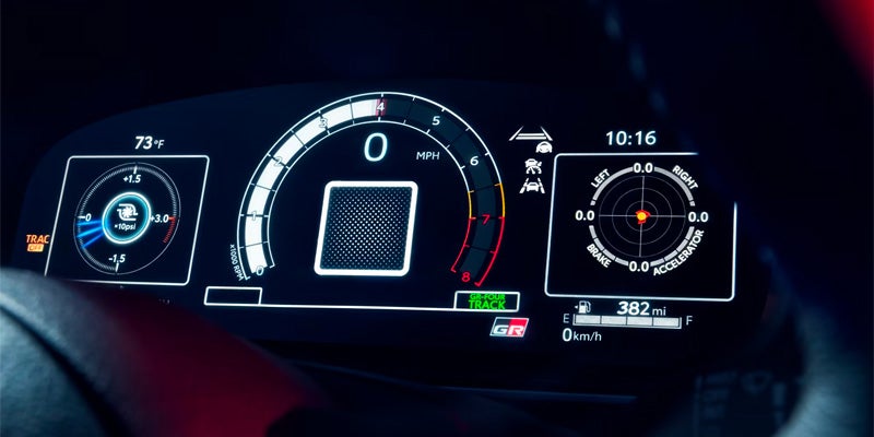 Close-up of the digital instrument cluster of 2025 Toyota GR Corolla showing speedometer and vehicle status