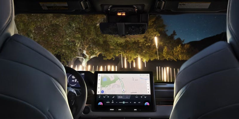 Wide view of bZ dashboard and steering wheel